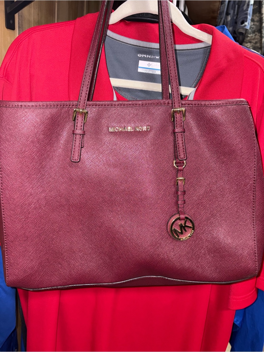 Michael Kors Wine Saffiano Leather Tote with Gold Hardware